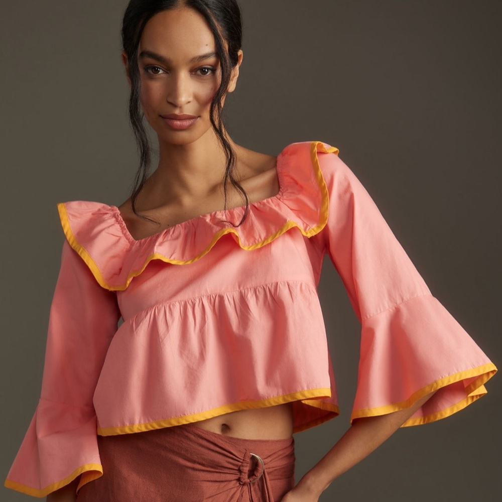 Maeve by Anthropology Coral Ruffled Top